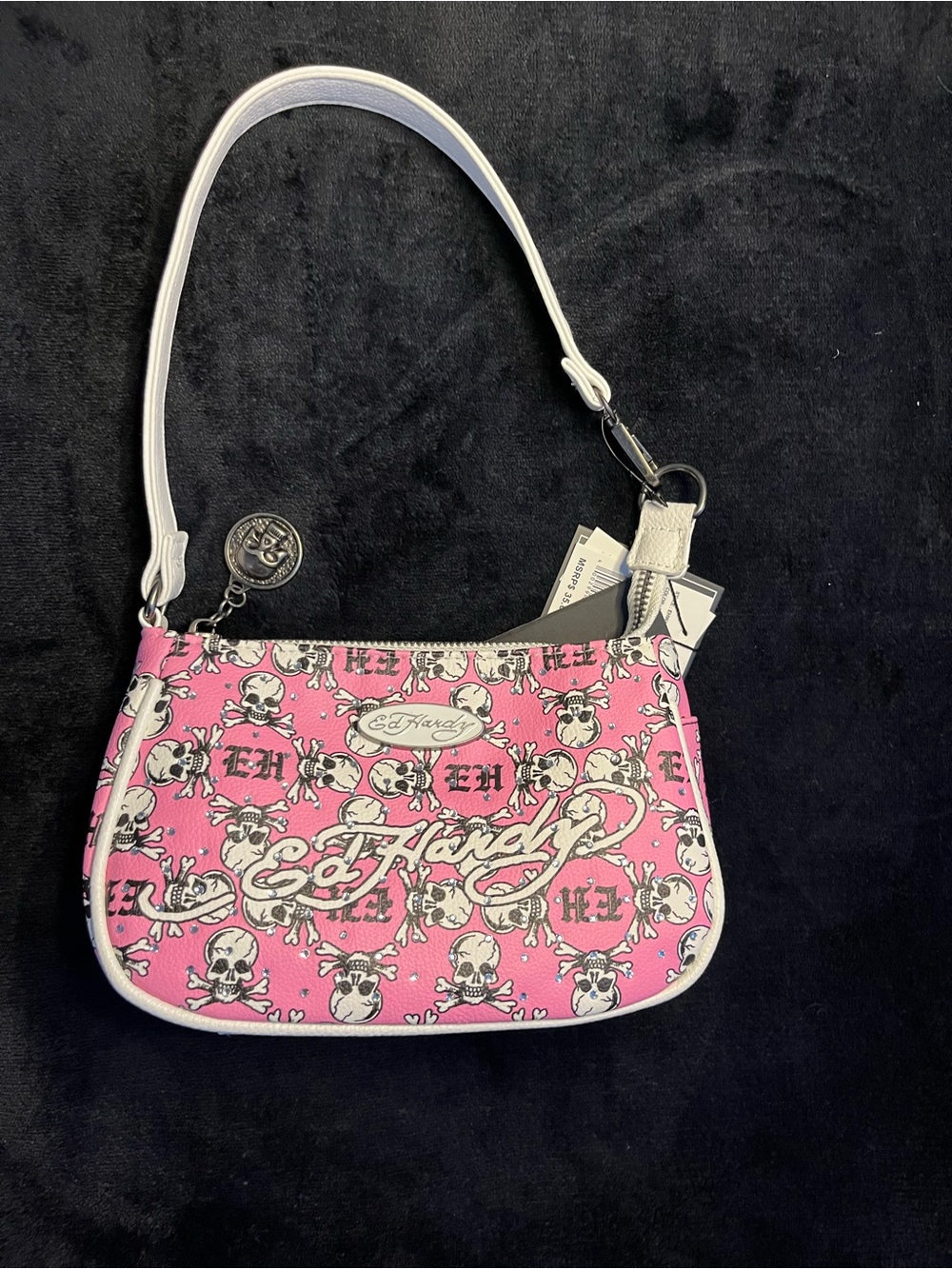 Ed Hardy Pink Skull Print Mini Shoulder Bag with White Trim